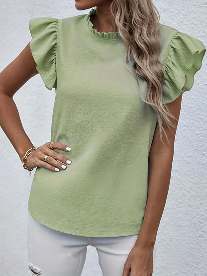 Ruffle Trim Crew Neck Blouse, Casual Solid Color Flutter Sleeve Blouse For Spring & Summer, Women's Clothing Wedding holiday vacation