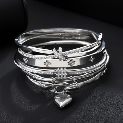 5pcs Classic Stainless Steel Cuff Bracelets, Waterproof and Rust-Resistant Silvery Women'S Light Luxury Rhinestone Bracelets, Suitable for Layering and Combination Matching, Unique Jewelry Accessories Gift