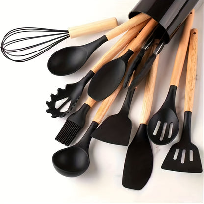 12pcs, Silicone Utensil Set, Khaki Kitchen Utensil Set With Wooden Handle, Safety Cooking Utensils Set, Non-Stick Kitchen Tools Set, Washable Modern Cookware, Kitchen Stuff, Kitchen Gadgets Kitchen Accessories