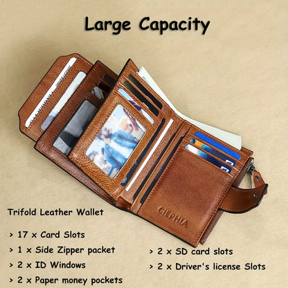 1pc CIEPHIA Men's Genuine Leather Wallet - RFID Blocking -Theft, Vintage Brown (Dark tan/, with Zipper Closure, 17-Card Holder, Coin Pocket, ID Window, Multi-Compartment - Heavy-Duty Full-Feature Wallet for Men, Ideal Gift fo