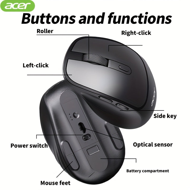 ACER Wireless Mouse, Ergonomic Silent Optical Mouse with Side Buttons, Low Latency 2.4G Wireless Mouse, Compatible with Windows/macOS/iPadOS/Android for Laptop, Computer, Office & Home Use, Home Office Accessory, Computer Nav
