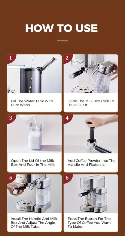 CAFELFFE Semi-Automatic Espresso Machine MK801 with Automatic Milk Frothing System, One-Touch Operation for Espresso, Latte & Cappuccino, 20BAR High Pressure, 1.3L Water Tank & 0.7L Milk Tank, Self-Cleaning Function, 1350W Po