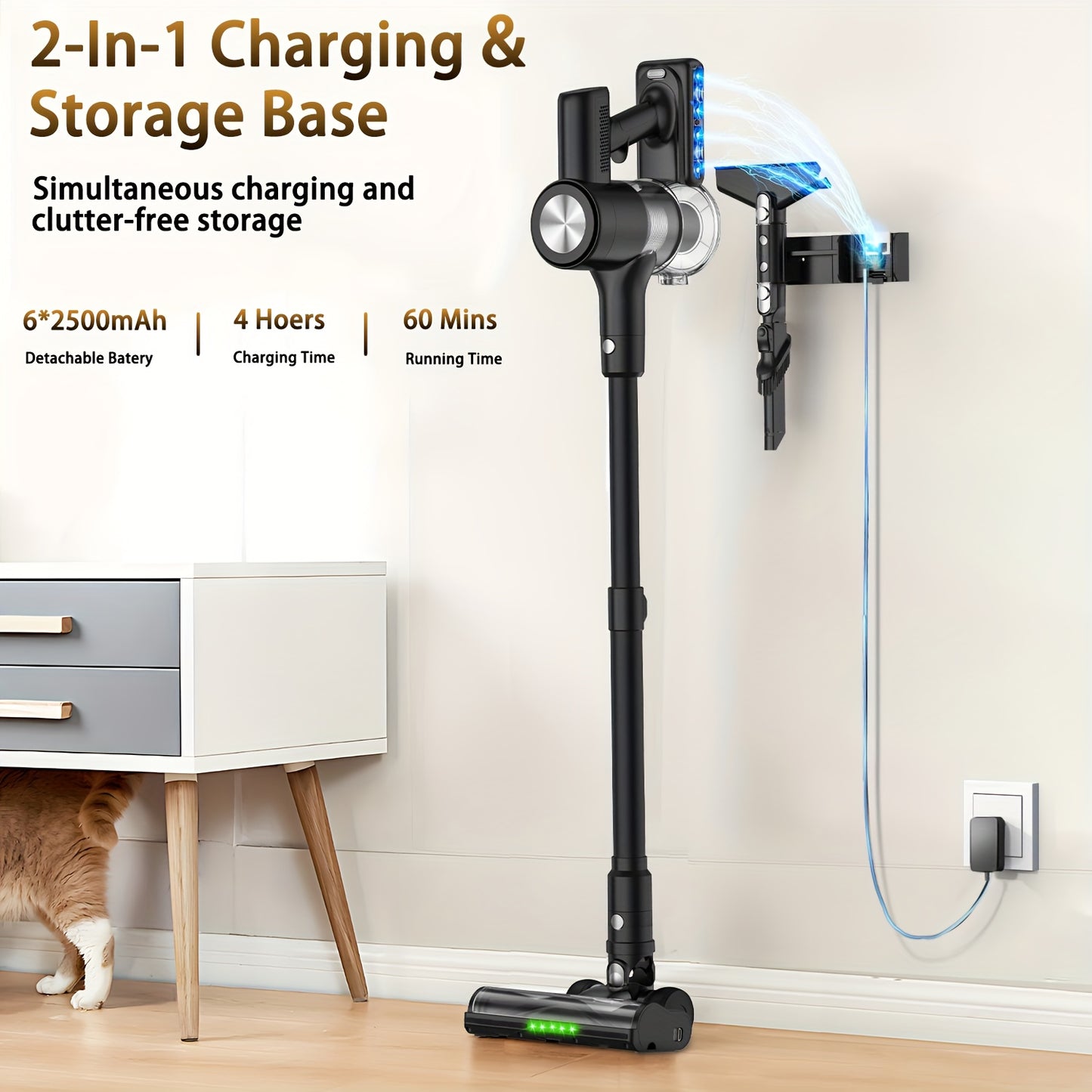Cordless Vacuum Cleaner, 45KPA Self-Standing Vacuum Cleaner for Home, Stick Vacuum with 60 Mins Runtime, Wall Mount Charging, LED Display, Upgraded Green Light & Anti-Tangle Floor Brush for Pet Hair, Carpet & Hard Floors