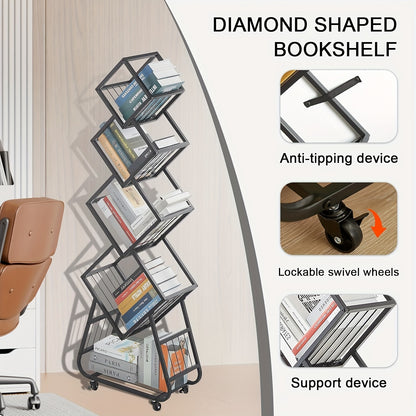 5-Tier Rotating Bookshelf with Wheels - Heavy-Duty Modern Minimalist Bookcase, 360° Swivel Shelf, Space-Saving Storage Organizer for Home Office, Living Room, Bedroom - Easy-Move Casters (Black), Bookshelf Decorations, Versa