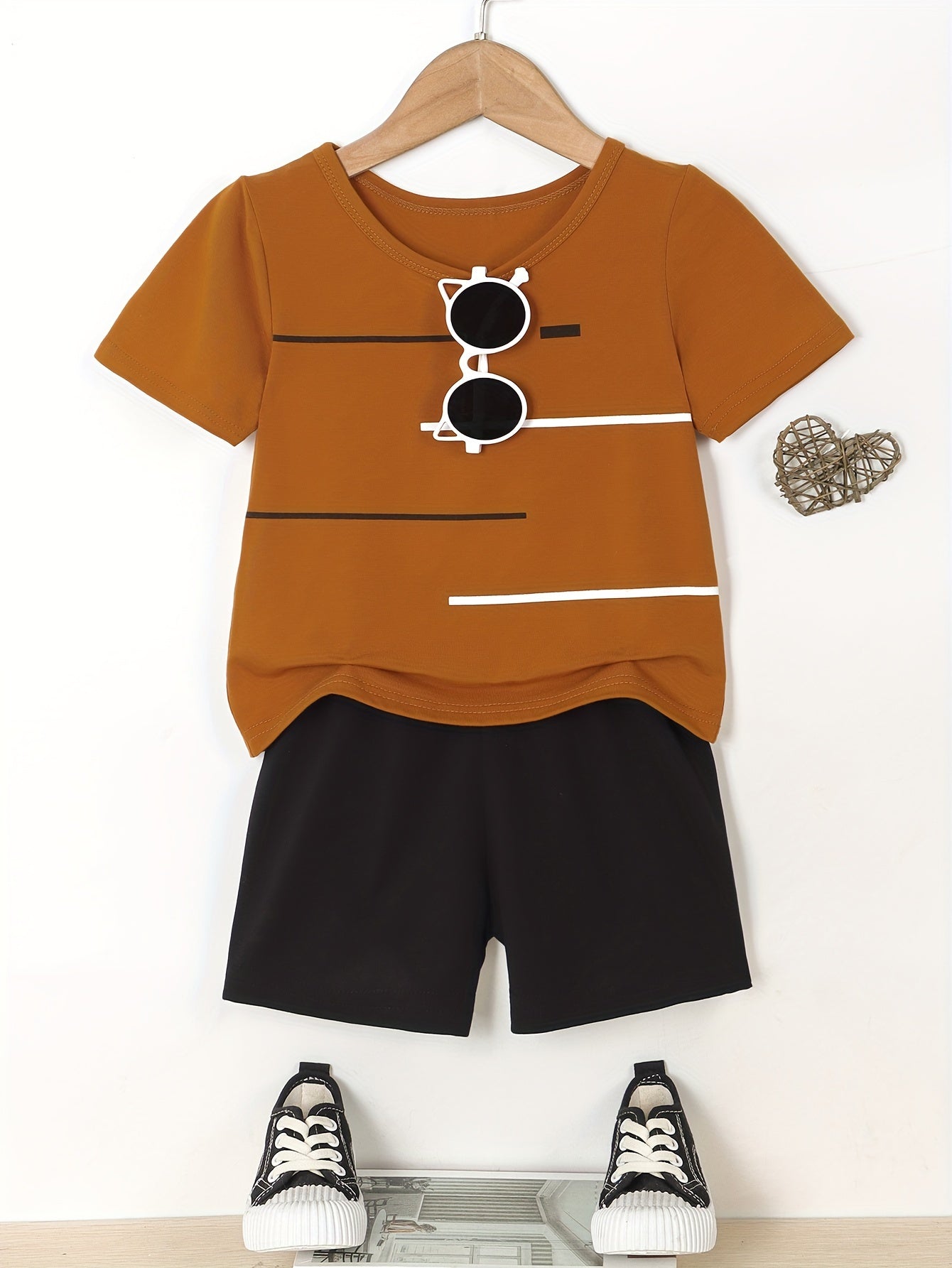 2pcs Set of Boys' Summer Striped Print Round Neck Short Sleeve T-shirt and Casual Shorts