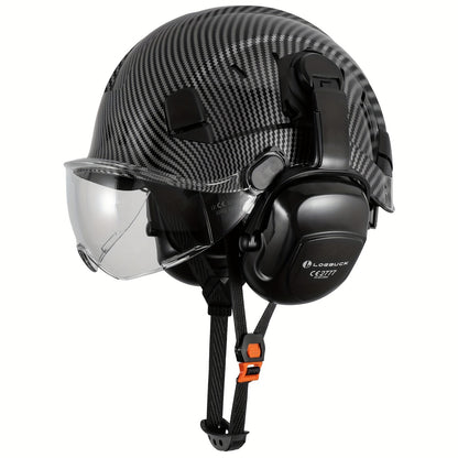 1 Set LOEBUCK Safety Helmet With Visor And Earmuffs, Logging Chainsaw Helmet, Carbon Fiber Patterned Safety Helmet For Lawn Mowing, Black Graphite Pattern, With Smoked Mask And Earmuffs