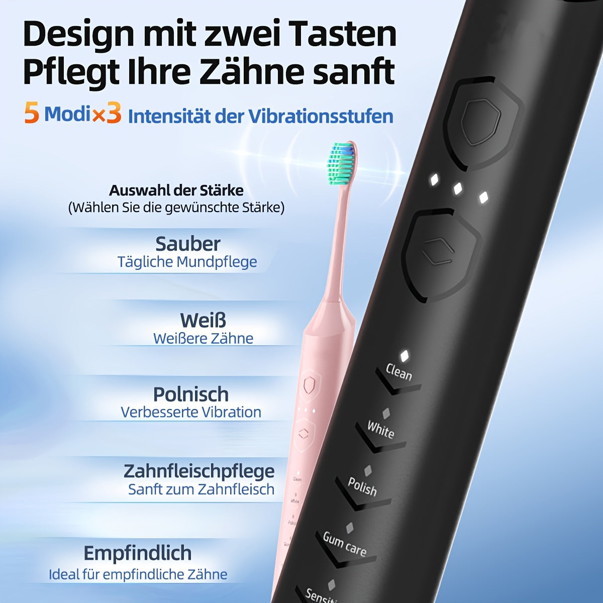 Escova de dentes elétrica sónica recarregável, limpeza profunda com 5 modos, 6 cabeças de escova de substituição, equipada com base de carregamento USB, portátil, ideal para viagens, dormitórios, presente, preta, rosa, azul.