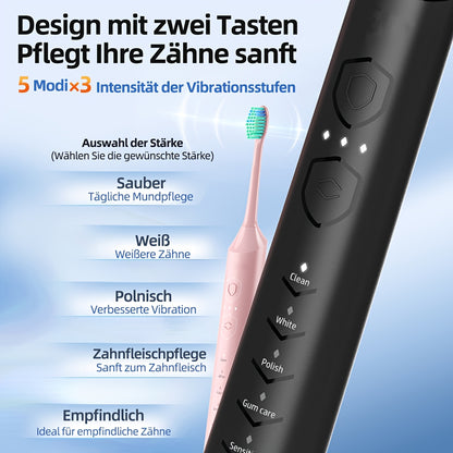 Escova de dentes elétrica sónica recarregável, limpeza profunda com 5 modos, 6 cabeças de escova de substituição, equipada com base de carregamento USB, portátil, ideal para viagens, dormitórios, presente, preta, rosa, azul.