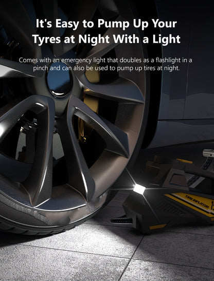 CaRSun Digital Tire Inflator, Portable Air Compressor Pump with LED Light for Cars, Motorcycles, Bicycles - DC 12V, 150 PSI, Black & Yellow Design, Plug-In Power Supply, No Battery Required, Bicycle Tire Inflator | Sleek Port