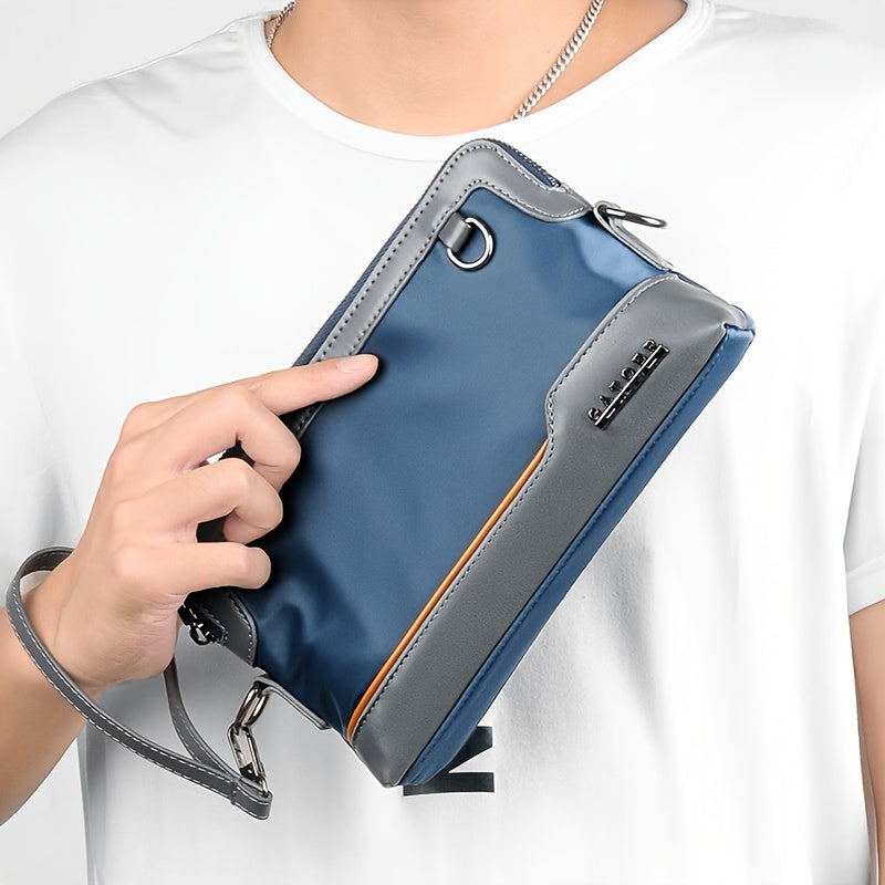 Men's Luxury Multi-Functional Handbag & Wallet in One - Dark Navy Blue/Black with Golden-Tone Hardware, Soft Silky Texture, Golden-Tone Hardware, Zipper Closure & Detachable Strap - Travel, Commute, Formal & Everyday Use - Id