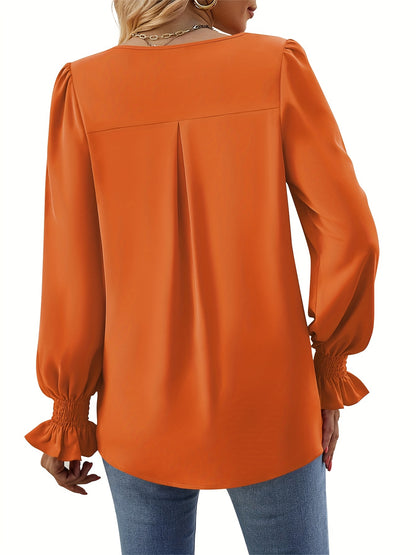 Solid V Neck Simple Blouse, Elegant Long Sleeve Ruched Blouse, Women's Clothing