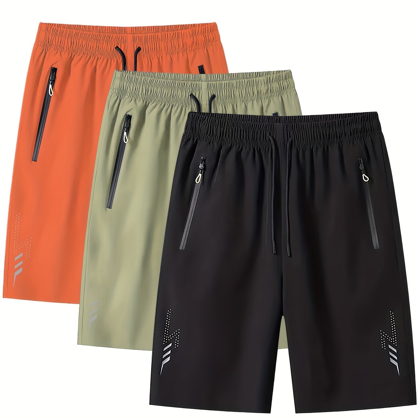 3pcs Men's Lightweight Quick-Dry Athletic Running Shorts - Loose Fit Plus Size, Zipper Pocket & Elastic Waistband, Polyester/Elastane Blend Swim Shorts with White & Black Design for Gym, Beach, Jogging - Summer Workout Swim T