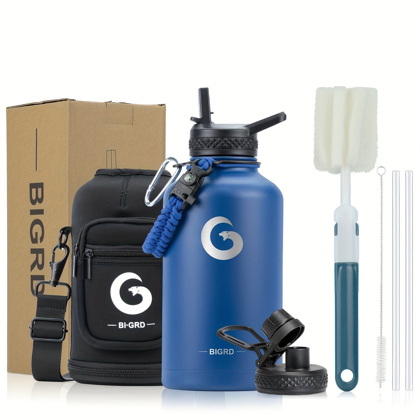 1pc BIGRD 40Oz 64Oz Insulated Water Bottle 304 Stainless Steel Spray Coating Dishwasher Safe, with 2 Lids, Sling Cup Sleeve, Hand-Held Braided Rope, Cup Brush, 2 Straws And Straw Brush, Color Box Packaging
