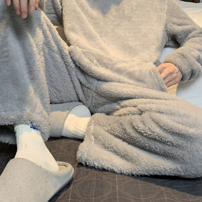 Men's Coral Velvet Pajamas Autumn and Winter Thickened Velvet Winter Hooded Flannel Warm Youth Pajama Set
