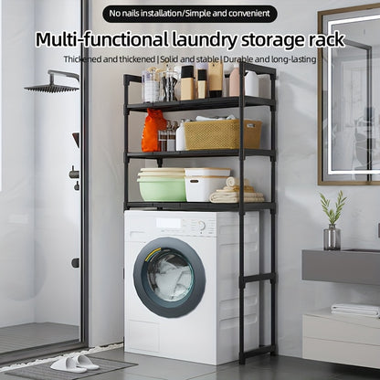3-Tier Bathroom Storage Shelves with Toilet Rack & Towel Bar – Space-Saving Corner Organizer for Towels, Toiletries, and Laundry Accessories, Black Plastic Freestanding Design for Modern Bathrooms, DOCOXO, Shelves
