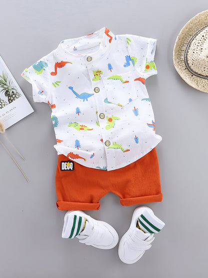 2pcs Baby Boys Dinosaur Print Button Short Sleeve Shirt Top & Elastic Waist Shorts Set Toddler Summer Clothes For Daily & Outdoor Wear