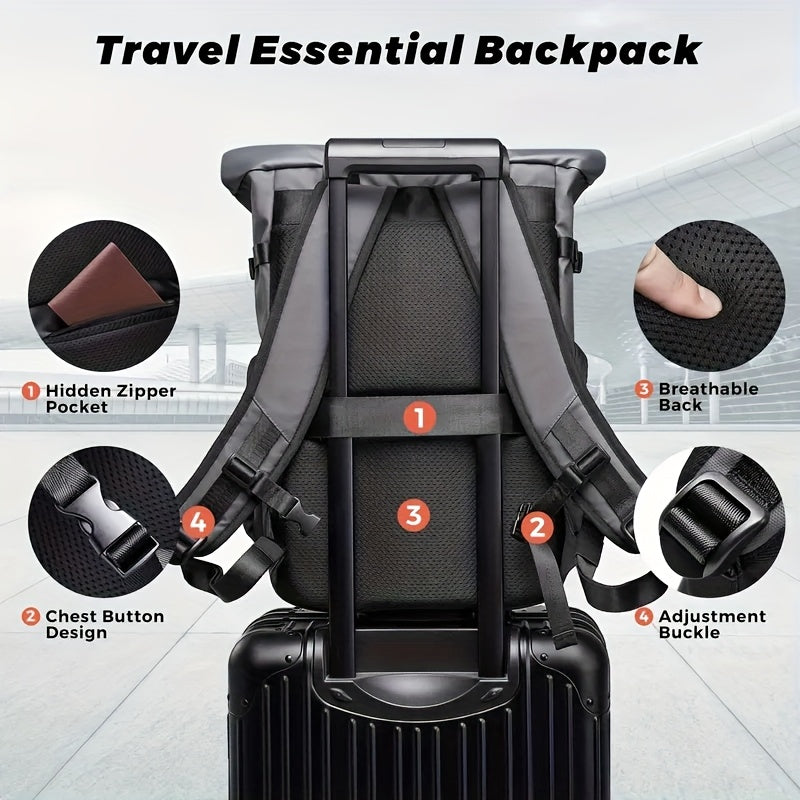 Stylish Business Backpack with Rolling Design, Men's Outdoor Commuter Bag, Casual Daypack Suitable for Outings and Leisure Travel, 15.6-inch Laptop Sleeve