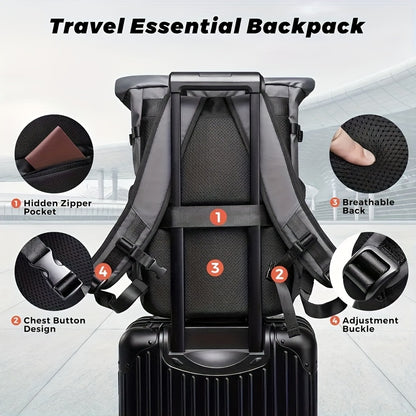 Stylish Business Backpack with Rolling Design, Men's Outdoor Commuter Bag, Casual Daypack Suitable for Outings and Leisure Travel, 15.6-inch Laptop Sleeve