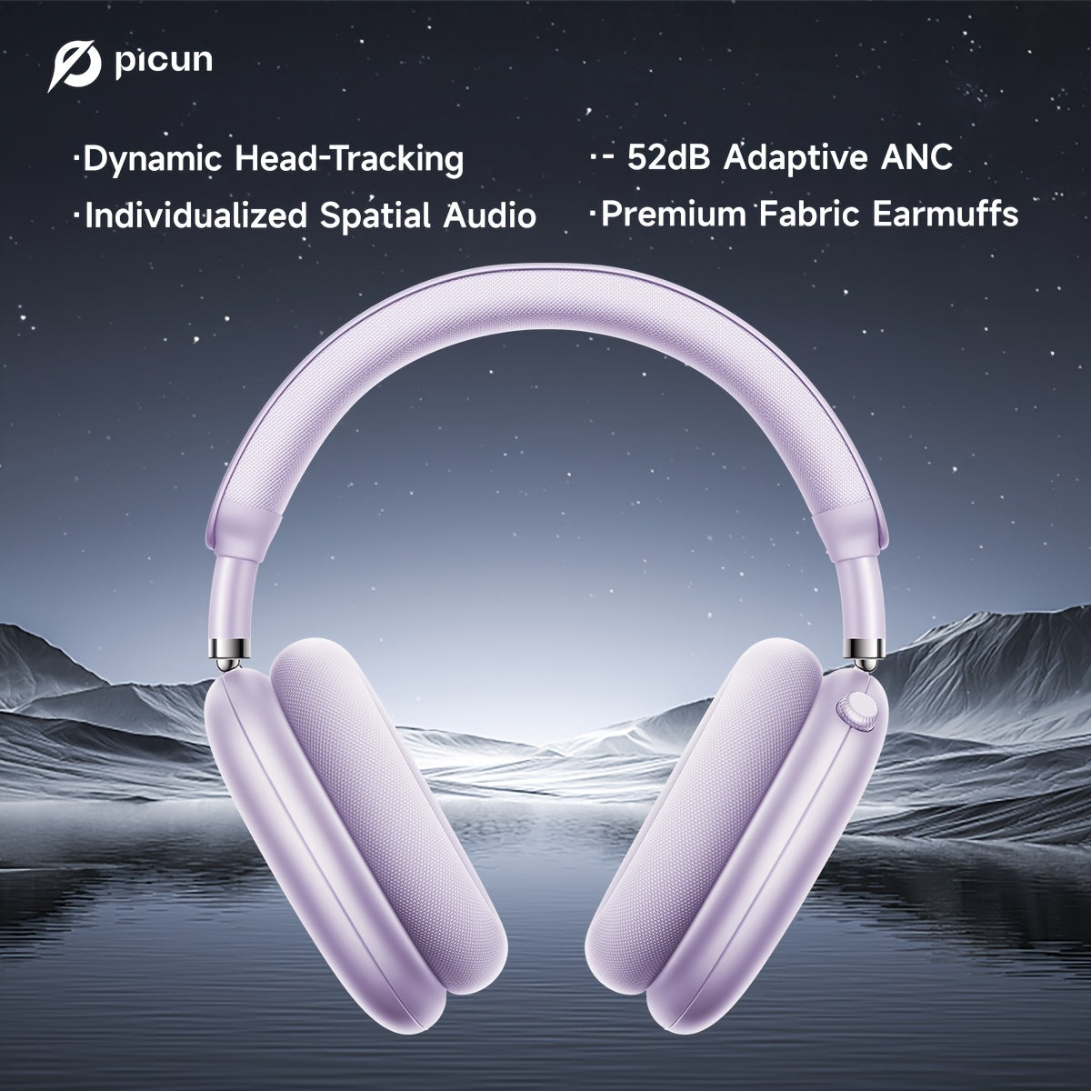 PICUN Wireless Headphones with Dynamic Head Tracking, -52dB ANC Noise Cancellation, 140Hrs Battery Life, Wireless 5.4, Wired/Wireless Switch, Double Connection & Multi-Mode Audio, Closed-back Design, Plastic Material, Compati