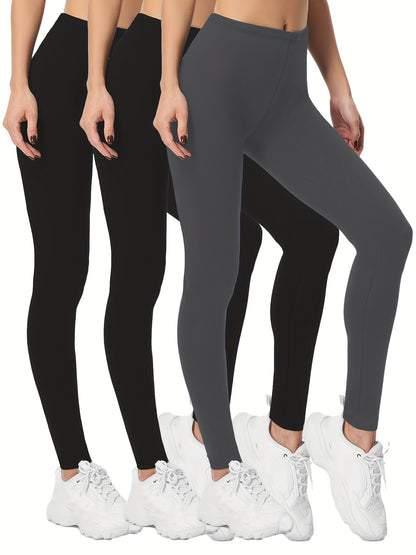 3-Pack High-Elasticity Slim-Fit 9/10 Length Pants - Solid Color Tight Waist All-Season Trousers, Machine Washable & Dry Cleanable, Casual to Dressy Wear (Compatible with Skirts/Blouses) - Bulk Pack for Cost Savings & Easy War