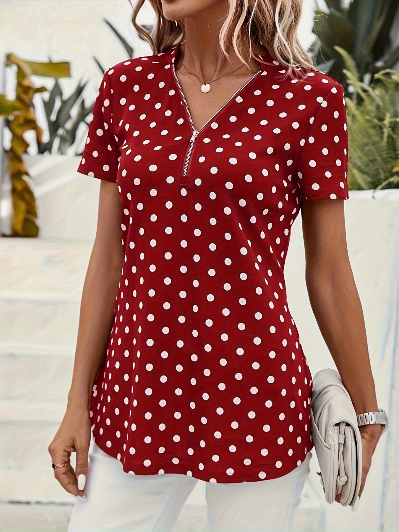 Polka Dots Print V Neck Blouse, Elegant Zipper Front Short Sleeve Blouse For Spring & Summer, Women's Clothing