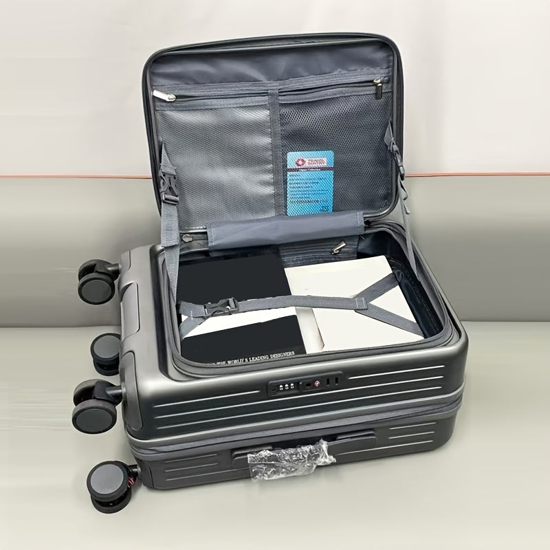 Hard Shell Spinner Luggage, Front Opening, Telescopic Handle, Durable ABS+PC Material, TSA Lock, Cup Holder, Shock Absorbing Wheels, Iron Pull Handle, No Electricity Required, No Print, for Travel