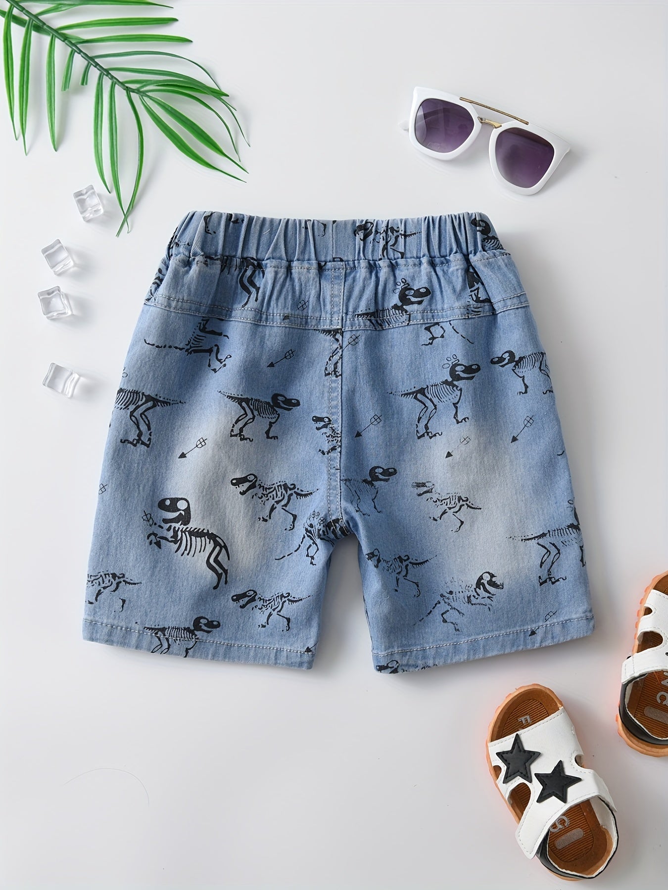 Skeleton Dinosaur Print Boys Comfortable Creative Denim Shorts, Casual Slightly Stretch Shorts For Summer Outdoor