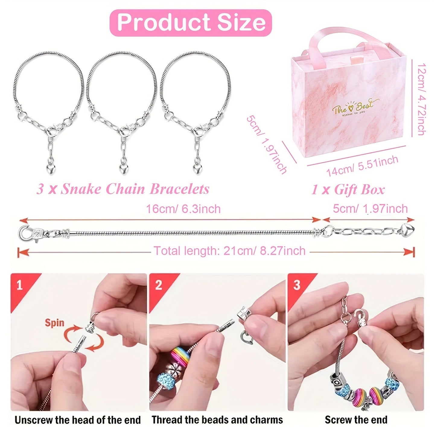 Kit de pulseiras DIY com 67 peças, incluindo 60 charms, 3 pulseiras e 3 colares. Ideal para presentes de aniversário, Natal, Ano Novo e Dia dos Namorados.