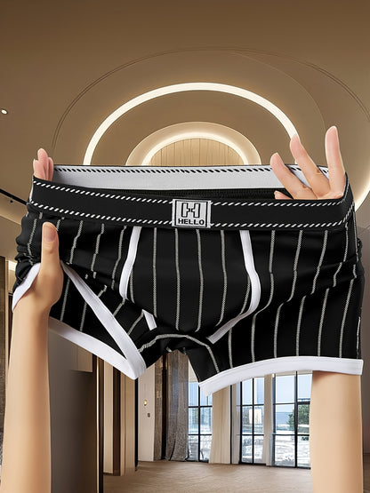 3pcs Men'S Boxer Briefs - Soft, Breathable, Stretchy Striped Boxer Shorts in Black, White, and Green - Comfortable Casual Underwear for Teens and Adults, Comfortable Underwear | Trendy Boxer Briefs | Medium Elasticity