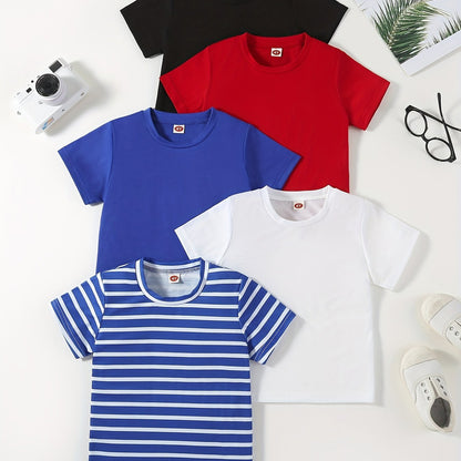 5pcs Solid Color & Striped Round Neck T-shirt Tees Tops Casual Soft Comfortable, Boys And Girls Summer Clothes