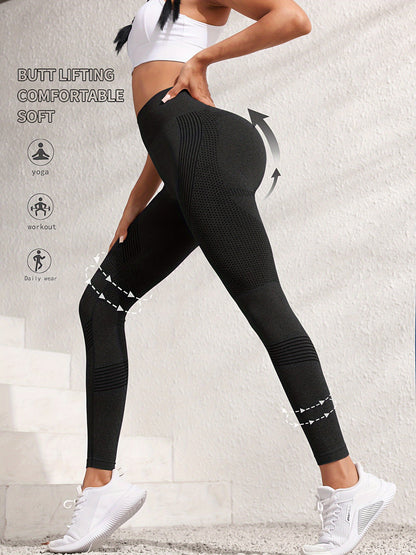 Women'S High-Elasticity Quick-Dry Yoga Leggings - Seamless Tummy Control Training Running Pants with Wide Waistband, Gray & White Striped Design, All-Season Workout Leggings for Gym, Yoga, Jogging, Gym Apparel, Sleek Sportswe