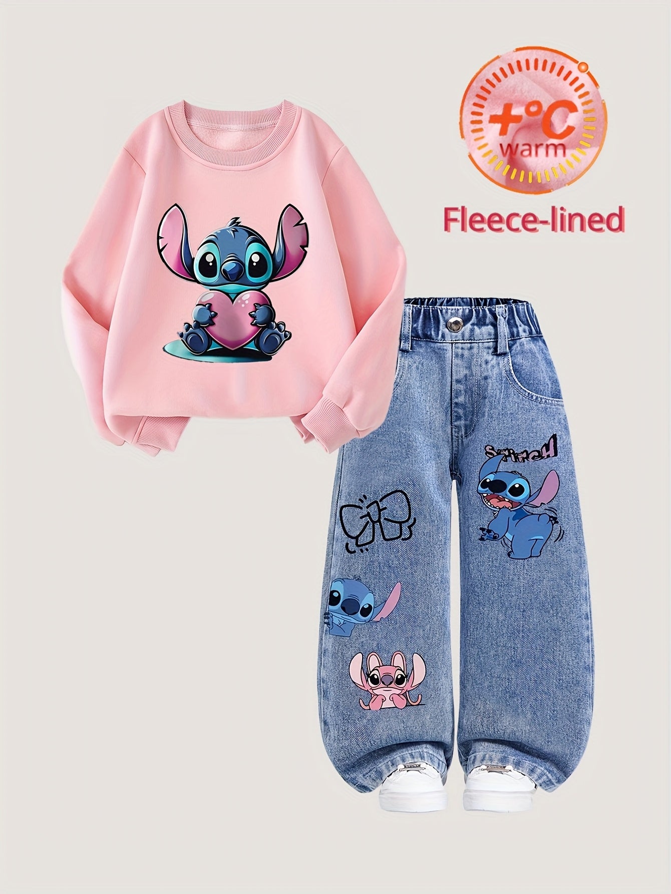 2pcs Disney Stitch Hoodie + Faux Denim Set, Fashionable Pink Sweatshirt & Faux Denim Outfit for Girls, School Uniform Style, Streetwear Casual Fall/Winter Wear, Warm and Comfortable Fit, Perfect for Back-to-School Season, Ide