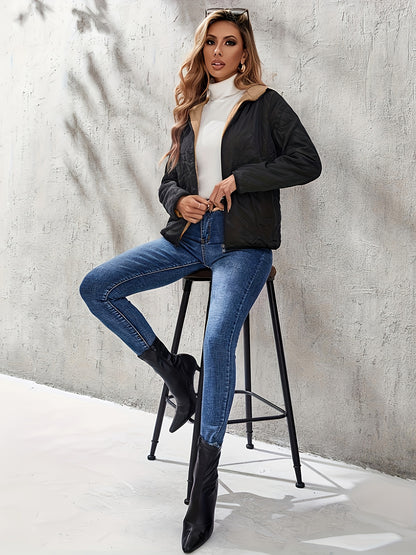Solid Zipper Front Hooded Coat, Versatile Long Sleeve Thermal Hooded Outwear For Fall & Winter, Women's Clothing