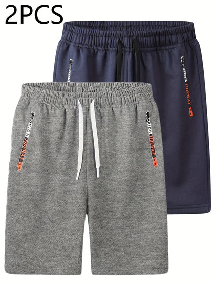2pcs Men's Casual Outdoor Shorts - Summer Men's Casual Shorts with Zipper Pockets, Minimalist Multi-Pocket Design for Daily Wear, Running, Fitness & Travel, 100% Polyester Knit Fabric, Drawstring Waistband, Machine Washable,