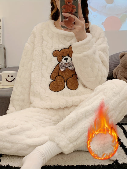New Autumn and Winter Thick Warm Pajama Set with Jacquard Velvet Long-Sleeve Bear Top and Flannel Pants for Winter
