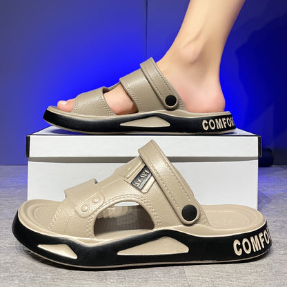Sandálias de verão para homem, estilo slide - Confortáveis ​​em EVA, pretas com detalhes em branco, tira ajustável com fecho de velcro, design casual de bico aberto para uso exterior, sandálias de verão.