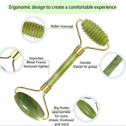 Kit de cuidados faciais luxuoso com 5 peças - Rolo de gelo e jade rejuvenescedor, ferramenta Gua Sha, escova de silicone macia para pele radiante, massagem para os olhos e relaxamento - Sem fragrância, sem bateria, fácil de usar e portátil