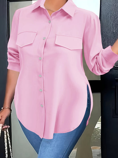 Plus Size Curved Hem Blouse, Casual Button Front Collared Blouse For Spring, Women's Plus Size Clothing