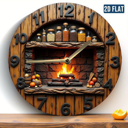 1 round acrylic wall clock - silent and tick-free, featuring a rustic fireplace design with a spice rack and flame effect, battery operated (excluding AA batteries) - home decoration, perfect for Christmas and Easter gifts, 2