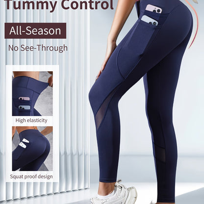 Boost Your Workout with Women's Tummy Control Sports Yoga Leggings - Phone Pocket, Mesh Contrast & Breathable Tight-Fitting Pants!