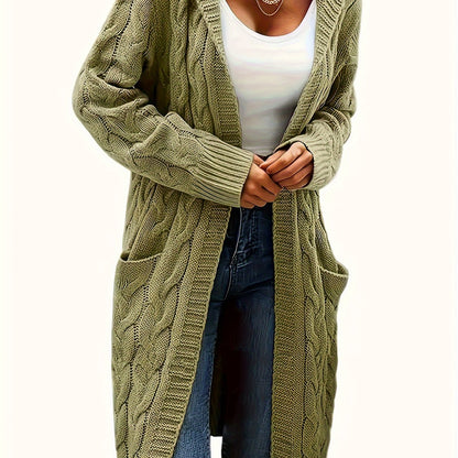 Women's Mid-Length Hooded Cardigan - Soft Stretchy Solid Color Long Sleeve Open Front Sweater with Pockets, Machine Washable Casual Elegance for Fall Winter, Everyday Comfort Wear, Stylish Hooded Design, Comfortable Fit