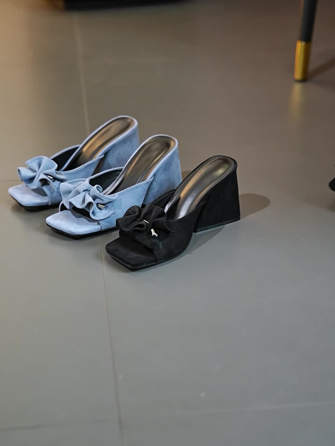 Chic Ladies' Summer Slippers - Black Chunky Heel Open Toe Mules, Women's High Heeled Square Toe Fashion Knit Slip-Ons with Comfortable Rubber Sole