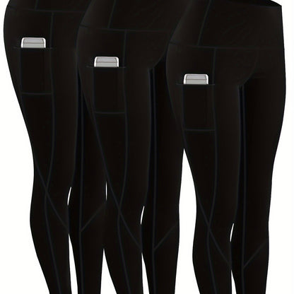 3pcs Set Women'S Plus Size Daily Sports Yoga Leggings, Geometric Pattern, High Stretch Spandex, Breathable, with Two Side Pockets, for Running, Workout