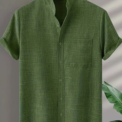 Solid Color Men's Short Sleeve Stand Collar Shirt, Men's Casual Button Up Shirt For Summer Outdoor