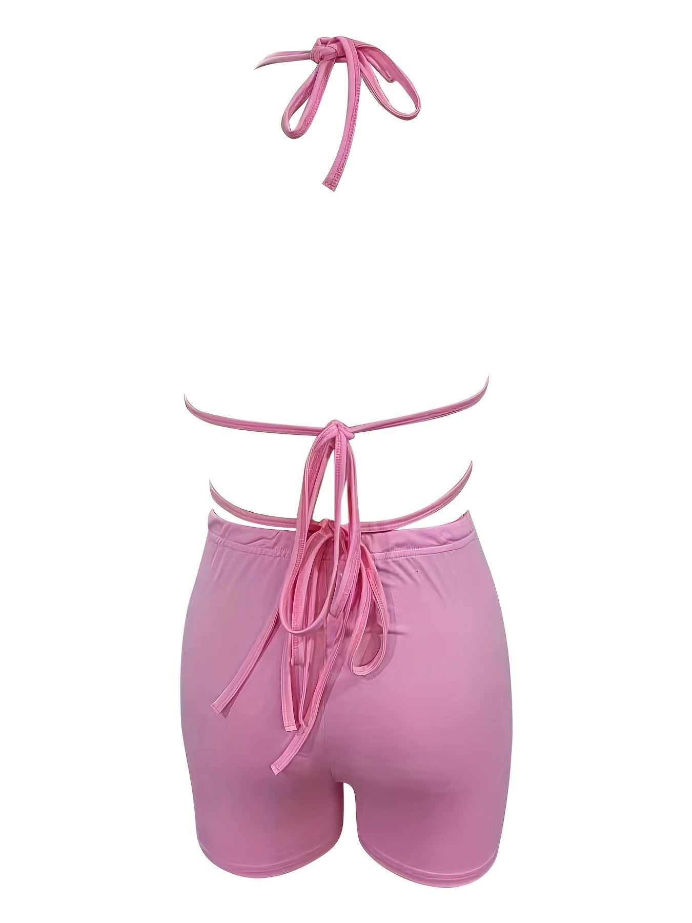 Sexy Solid Two-piece Set, Halter Neck Crop Top & Elastic Waist Shorts Outfits, Women's Clothing