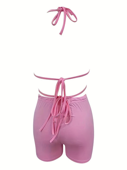 Sexy Solid Two-piece Set, Halter Neck Crop Top & Elastic Waist Shorts Outfits, Women's Clothing