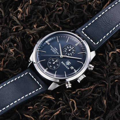 1pc New BENYAR Men's PU Leather Quartz Wristwatch, Men's 100M Multifunctional Watch Military Sports Chronograph Watch For Men