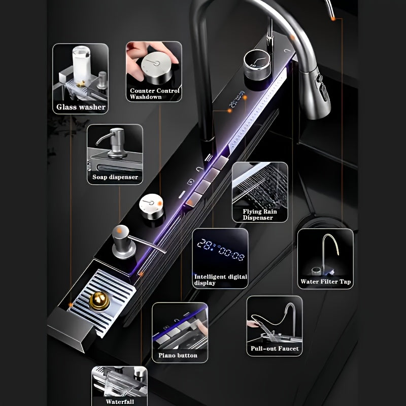 A Single-bowl Design Named 'Whale Rainfall Kitchen Sink' For Halloween And Christmas, Crafted From 304 Nanometre Stainless Steel. Features A Digital Display And Embossed Texture, Complete With Tap. Drainage Outlet Positioned