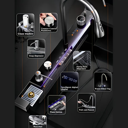 A Single-bowl Design Named 'Whale Rainfall Kitchen Sink' For Halloween And Christmas, Crafted From 304 Nanometre Stainless Steel. Features A Digital Display And Embossed Texture, Complete With Tap. Drainage Outlet Positioned