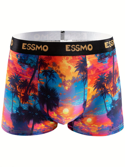 5pcs ESSMO Men'S Light Luxury Boxer Briefs - Vibrant Tropical Sunset & Palm Tree Design, Medium Stretch Fabric, Comfortable & Stylish Underwear, Relaxed Fit Boxers|Tropical Print Boxers|Stretchable Fabric